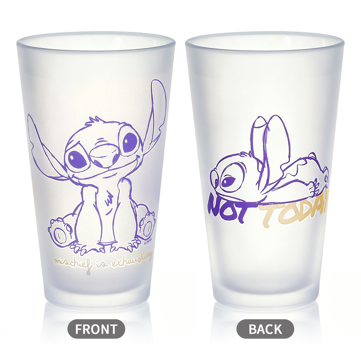 Disney Stitch 480ml Frosted Glass Tumbler, 16.9oz Mischief is Exhausting Drinking Glass Cup, Officially Licensed Kids Glassware, Thick Base