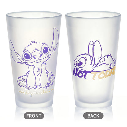 Disney Stitch 480ml Frosted Glass Tumbler, 16.9oz Mischief is Exhausting Drinking Glass Cup, Officially Licensed Kids Glassware, Thick Base