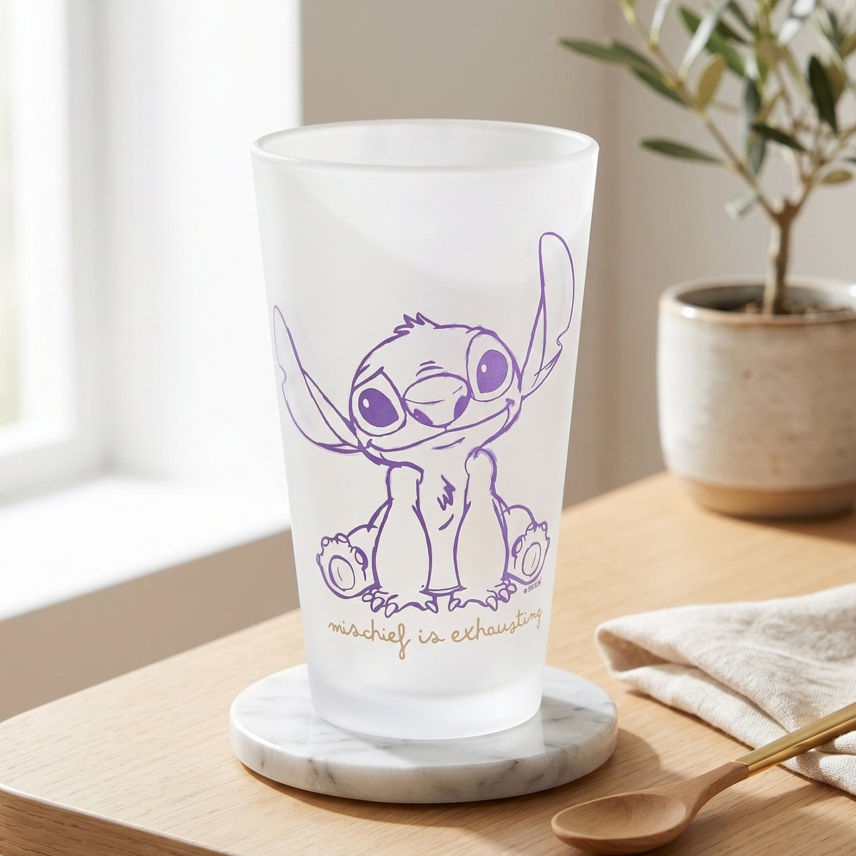 Disney Stitch 480ml Frosted Glass Tumbler, 16.9oz Mischief is Exhausting Drinking Glass Cup, Officially Licensed Kids Glassware, Thick Base