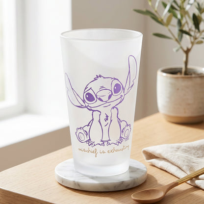 Disney Stitch 480ml Frosted Glass Tumbler, 16.9oz Mischief is Exhausting Drinking Glass Cup, Officially Licensed Kids Glassware, Thick Base