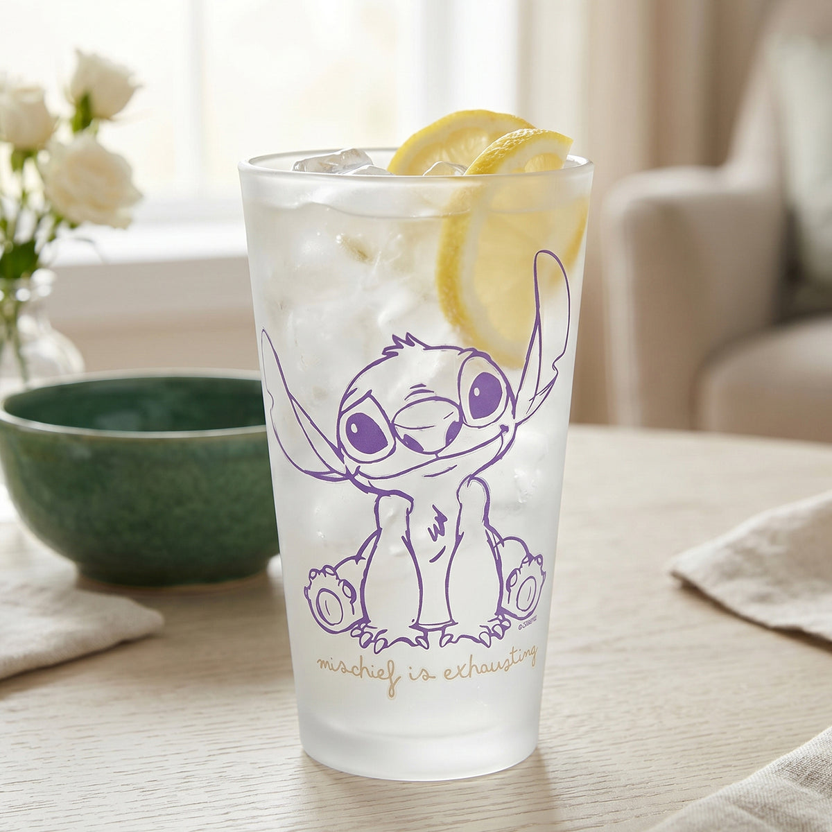 Disney Stitch 480ml Frosted Glass Tumbler, 16.9oz Mischief is Exhausting Drinking Glass Cup, Officially Licensed Kids Glassware, Thick Base