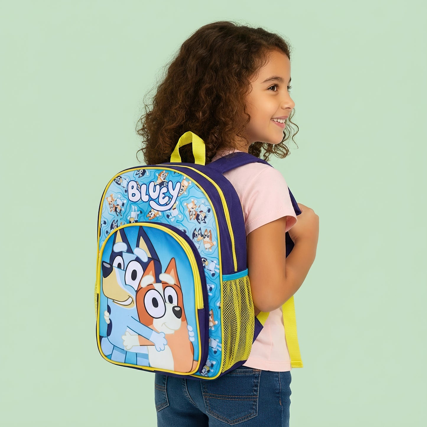 Bluey Kids Childrens Premium Backpack School Rucksack Travel Bag with side mesh pocket and front zipped pocket