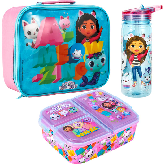 Gabby's Dollhouse Kids Lunch Box Set – Insulated Lunch Bag, Multicompartment Lunch Box & 580ml Water Bottle, BPA Free