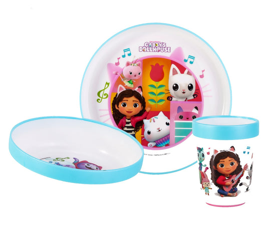 Gabby's Dollhouse 3pcs Bicolor Premium Kids Dinner Tableware Set Plate, Bowl & Tumbler, BPA Free