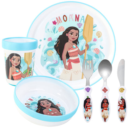 Moana Kids 6 Piece Reusable Dinner Set - Plate/Bowl/Cup/Knife/Fork/Spoon - Childrens Dinnerware Tableware Cutlery Set