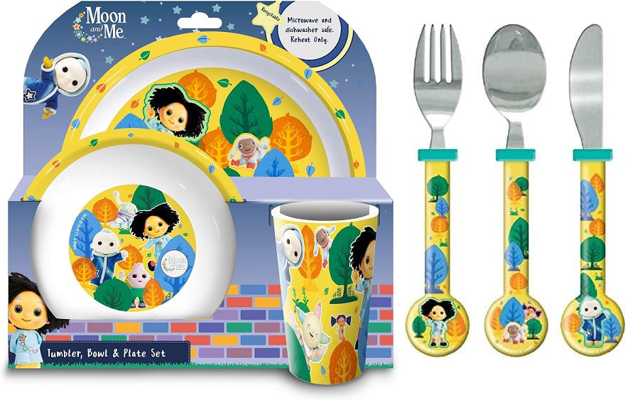Moon and Me Kids 6 Piece Reusable Dinner Set - Plate/Bowl/Cup/Knife/Fork/Spoon - Childrens Dinnerware Tableware Cutlery Set