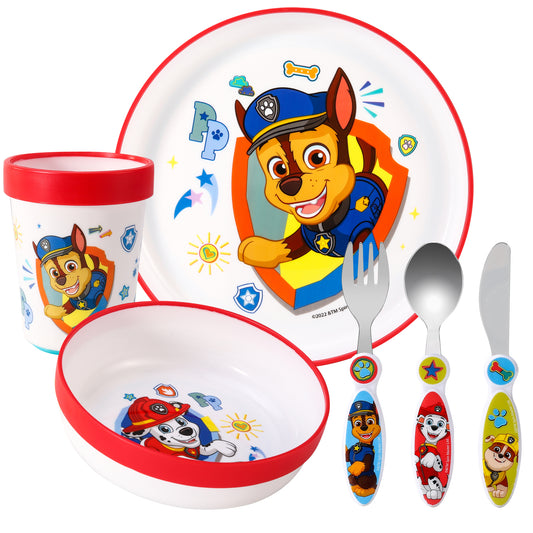 Paw Patrol Kids 6 Piece Reusable Dinner Set - Plate/Bowl/Cup/Knife/Fork/Spoon - Childrens Dinnerware Tableware Cutlery Set