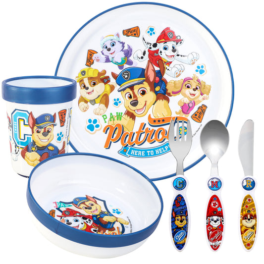 Paw Patrol Kids 6 Piece Reusable Dinner Set - Plate/Bowl/Cup/Knife/Fork/Spoon - Childrens Dinnerware Tableware Cutlery Set