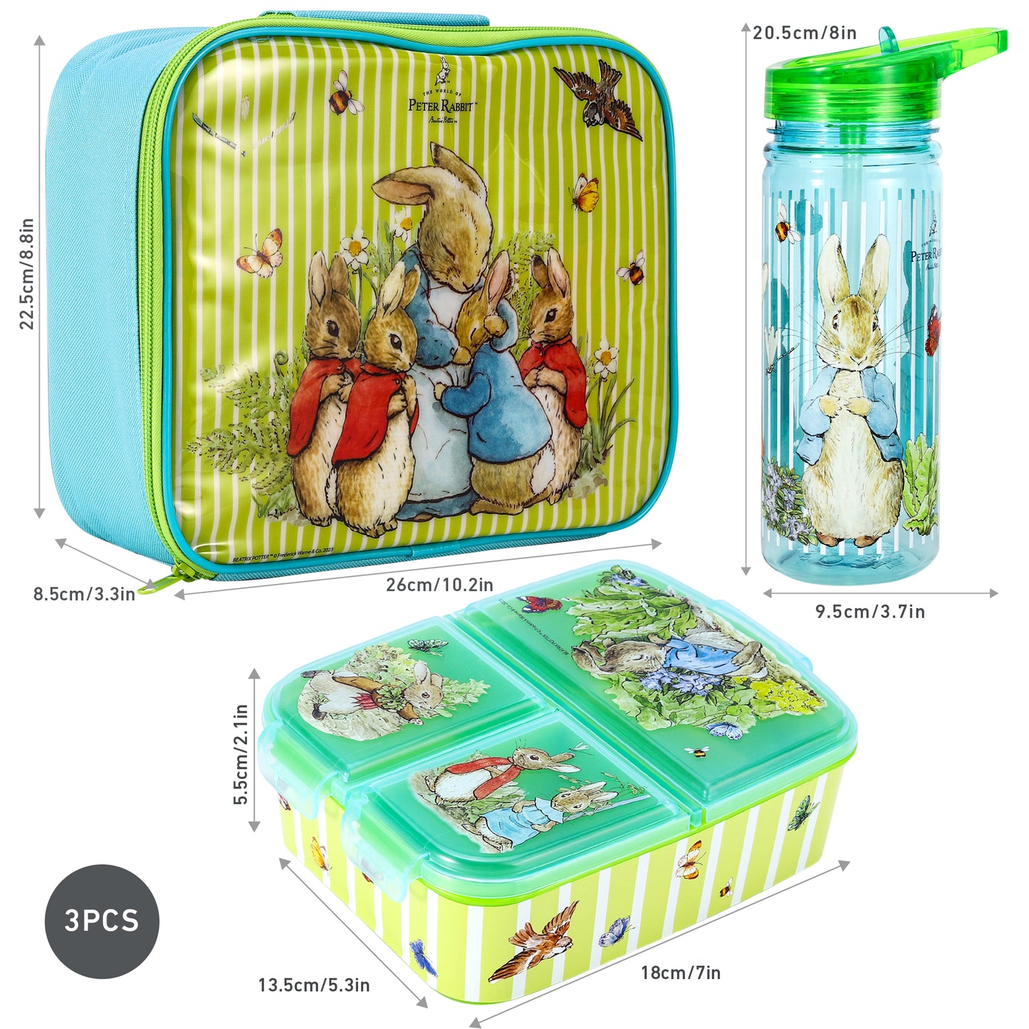 Peter Rabbit Kids Lunch Box Set – Insulated Lunch Bag, Multicompartment Lunch Box & 580ml Water Bottle, BPA Free