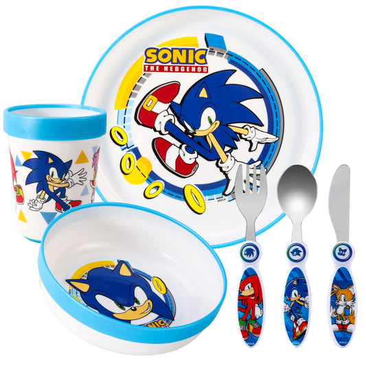 Sonic The Hedgehog Kids 6 Piece Reusable Dinner Set - Plate/Bowl/Cup/Knife/Fork/Spoon - Childrens Dinnerware Tableware Cutlery Set