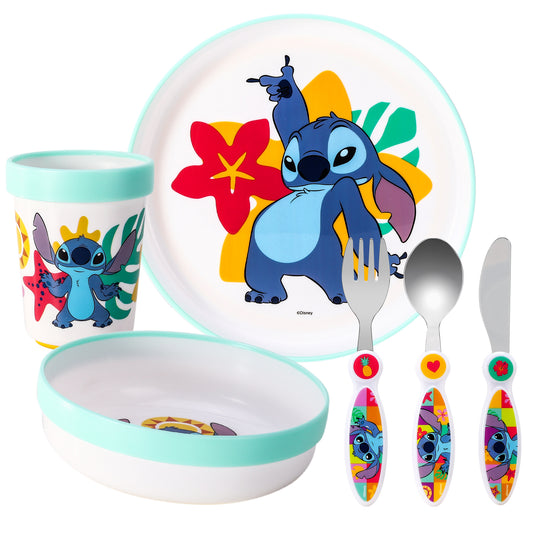 Stitch Kids 6 Piece Reusable Dinner Set - Plate/Bowl/Cup/Knife/Fork/Spoon - Childrens Dinnerware Tableware Cutlery Set