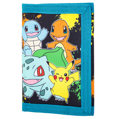 Pokémon Trifold Wallet for Kids, Boys Licensed Pikachu Charmander Squirtle Bulbasaur Wallet with Hook & Loop Closure, Lightweight Compact Coin & Card Holder