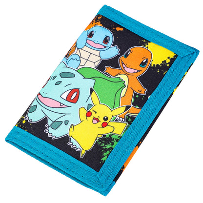 Pokémon Trifold Wallet for Kids, Boys Licensed Pikachu Charmander Squirtle Bulbasaur Wallet with Hook & Loop Closure, Lightweight Compact Coin & Card Holder