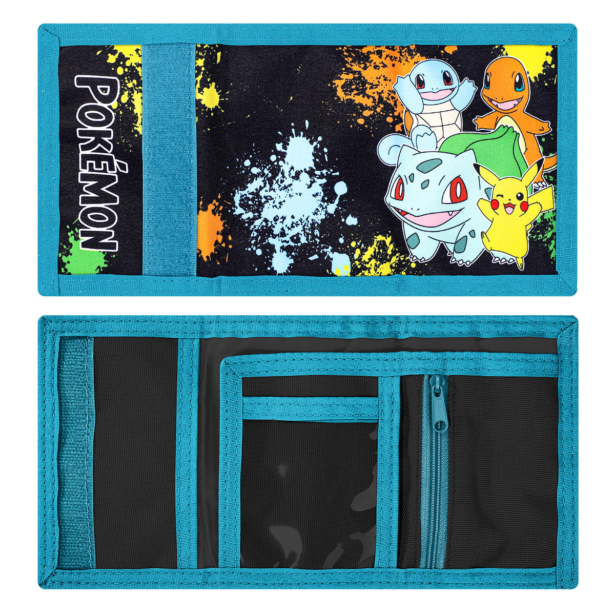 Pokémon Trifold Wallet for Kids, Boys Licensed Pikachu Charmander Squirtle Bulbasaur Wallet with Hook & Loop Closure, Lightweight Compact Coin & Card Holder