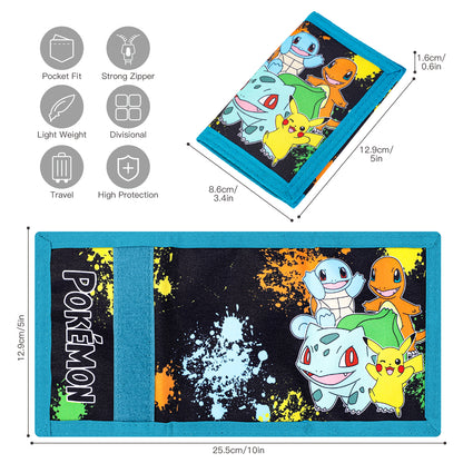 Pokémon Trifold Wallet for Kids, Boys Licensed Pikachu Charmander Squirtle Bulbasaur Wallet with Hook & Loop Closure, Lightweight Compact Coin & Card Holder