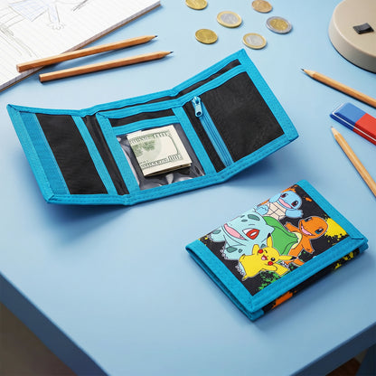 Pokémon Trifold Wallet for Kids, Boys Licensed Pikachu Charmander Squirtle Bulbasaur Wallet with Hook & Loop Closure, Lightweight Compact Coin & Card Holder
