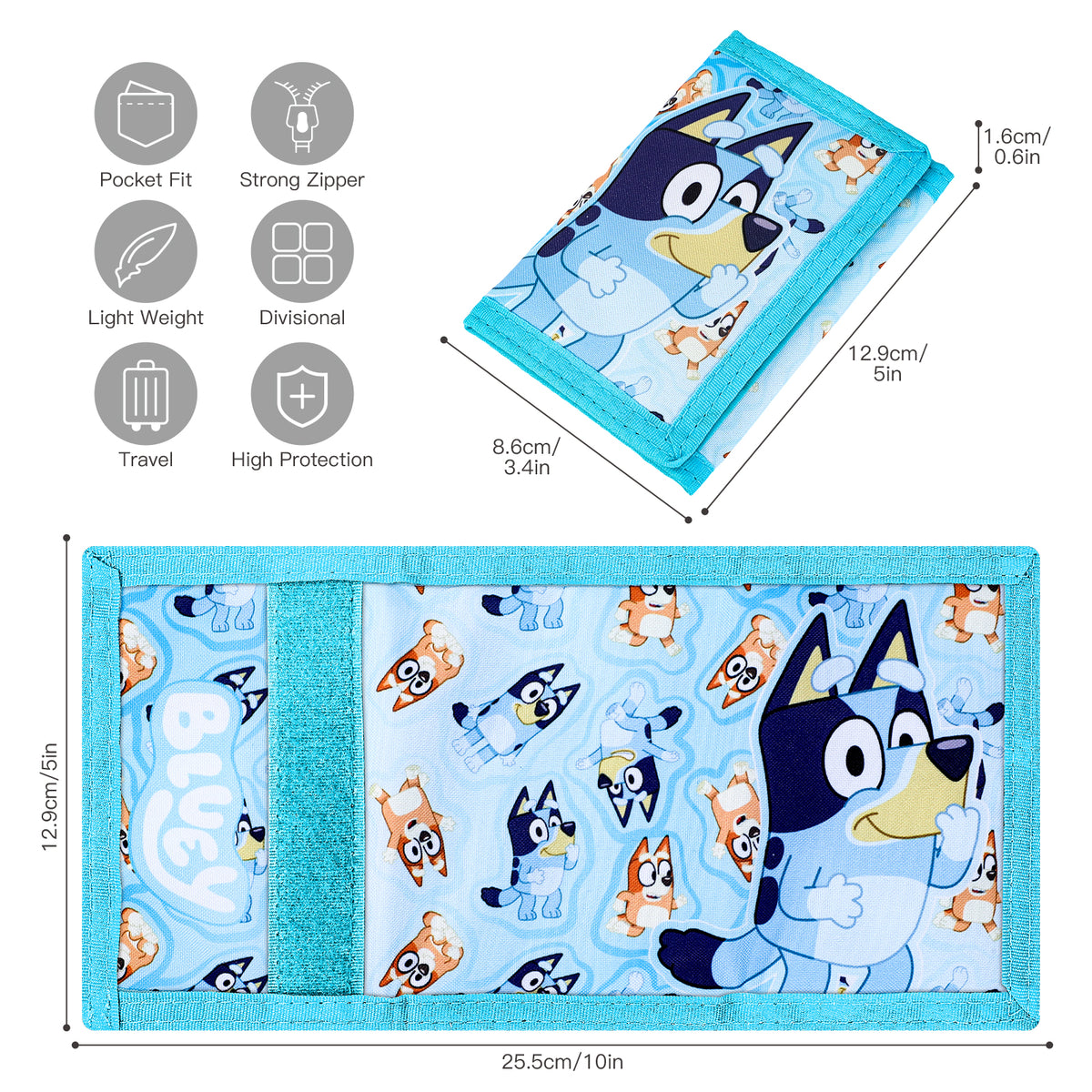 Bluey Kids Trifold Wallet Bingo Wallet with Hook & Loop Closure
