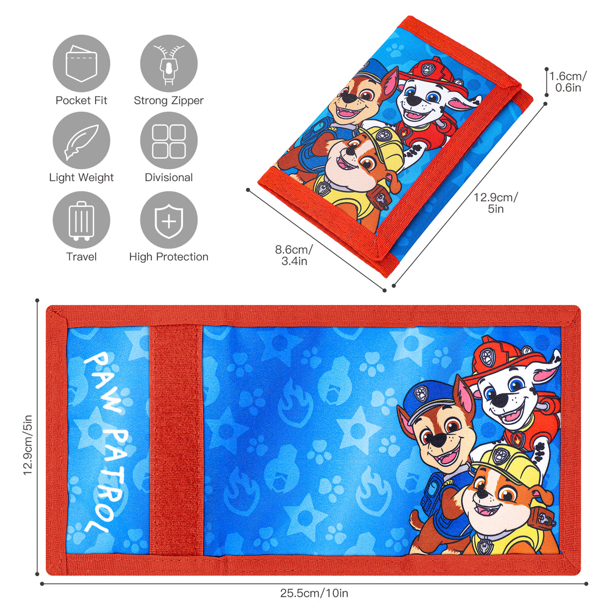 Paw Patrol Trifold Wallet for Kids, Boys Girls Licensed Chase Marshall Rubble Wallet with Hook & Loop Closure, Lightweight Compact Coin & Card Holder