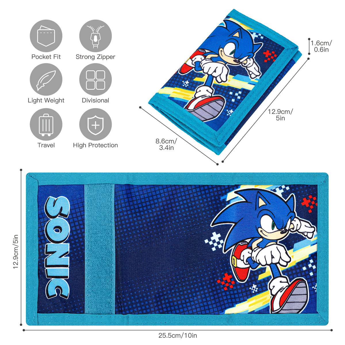 Sonic The Hedgehog Trifold Wallet for Kids, Licensed Sonic Wallet with Hook & Loop Closure, Lightweight Compact Coin & Card Holder
