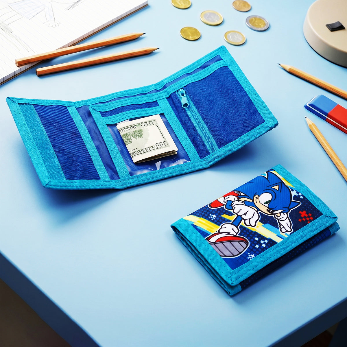 Sonic The Hedgehog Trifold Wallet for Kids, Licensed Sonic Wallet with Hook & Loop Closure, Lightweight Compact Coin & Card Holder