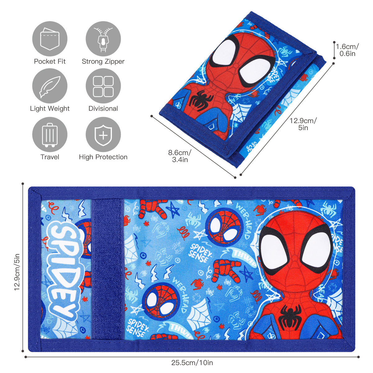 Marvel Spidey Trifold Wallet for Kids, Licensed Wallet with Hook & Loop Closure, Lightweight Compact Coin & Card Holder