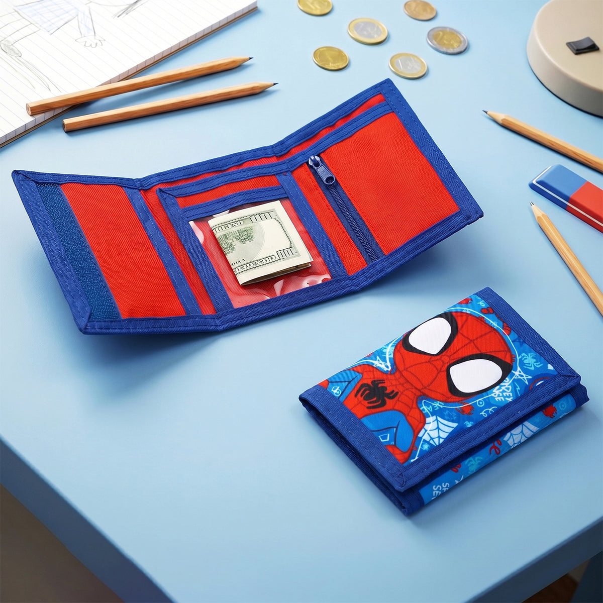 Marvel Spidey Trifold Wallet for Kids, Licensed Wallet with Hook & Loop Closure, Lightweight Compact Coin & Card Holder