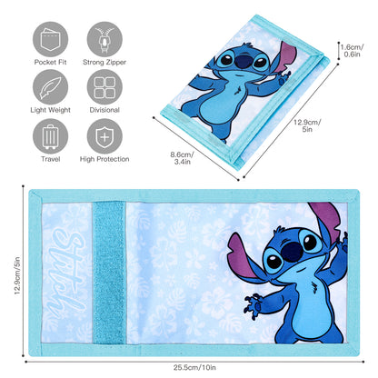 Disney Stitch Trifold Wallet for Kids, Boys Girls Licensed Lilo & Stitch Wallet with Hook & Loop Closure, Lightweight Compact Coin & Card Holder