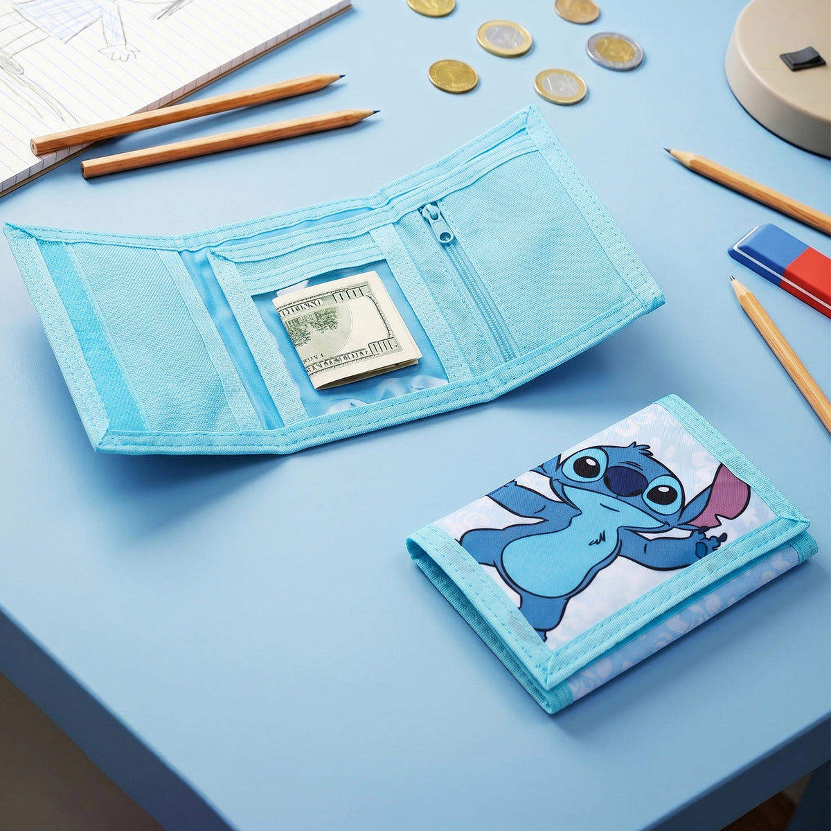 Disney Stitch Trifold Wallet for Kids, Boys Girls Licensed Lilo & Stitch Wallet with Hook & Loop Closure, Lightweight Compact Coin & Card Holder