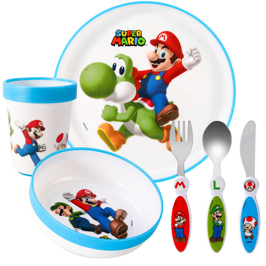 Super Mario Kids 6 Piece Reusable Dinner Set - Plate/Bowl/Cup/Knife/Fork/Spoon - Childrens Dinnerware Tableware Cutlery Set