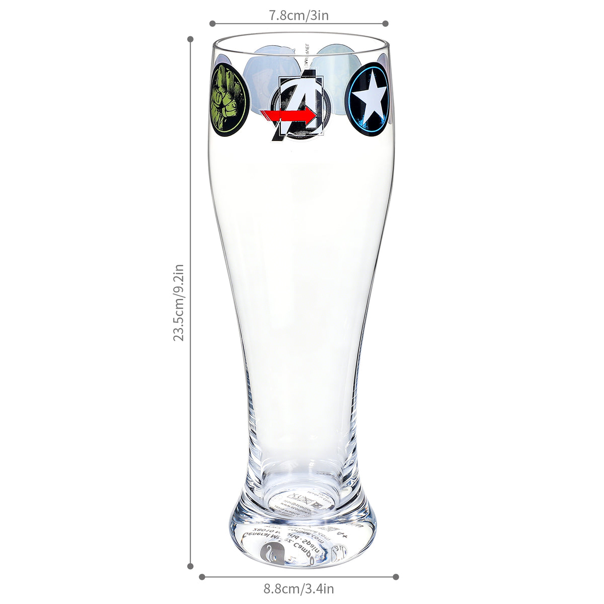 Marvel Avengers 680ml Tall Beer Glass, 23oz Clear Pilsner Glass with Iron Man, Hulk & Captain America Icons, Officially Licensed Glassware