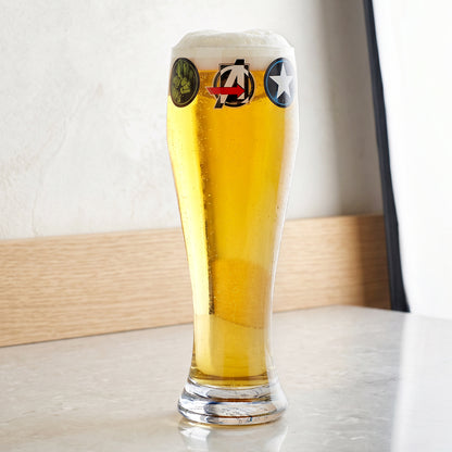 Marvel Avengers 680ml Tall Beer Glass, 23oz Clear Pilsner Glass with Iron Man, Hulk & Captain America Icons, Officially Licensed Glassware