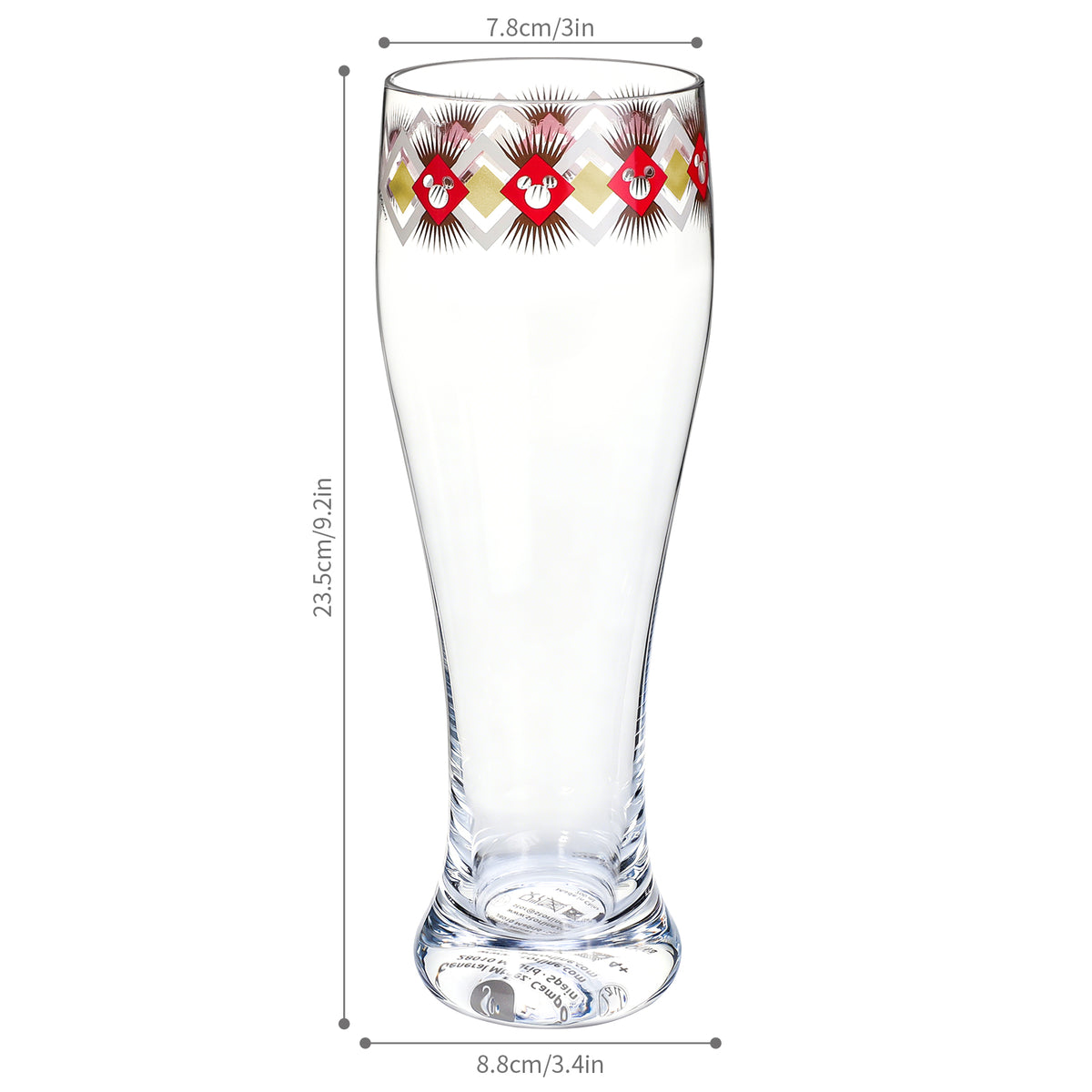 Disney Mickey Mouse 680ml Tall Beer Glass, 23oz Clear Pilsner Glass, Retro Geometric Diamond Design, Officially Licensed Glassware