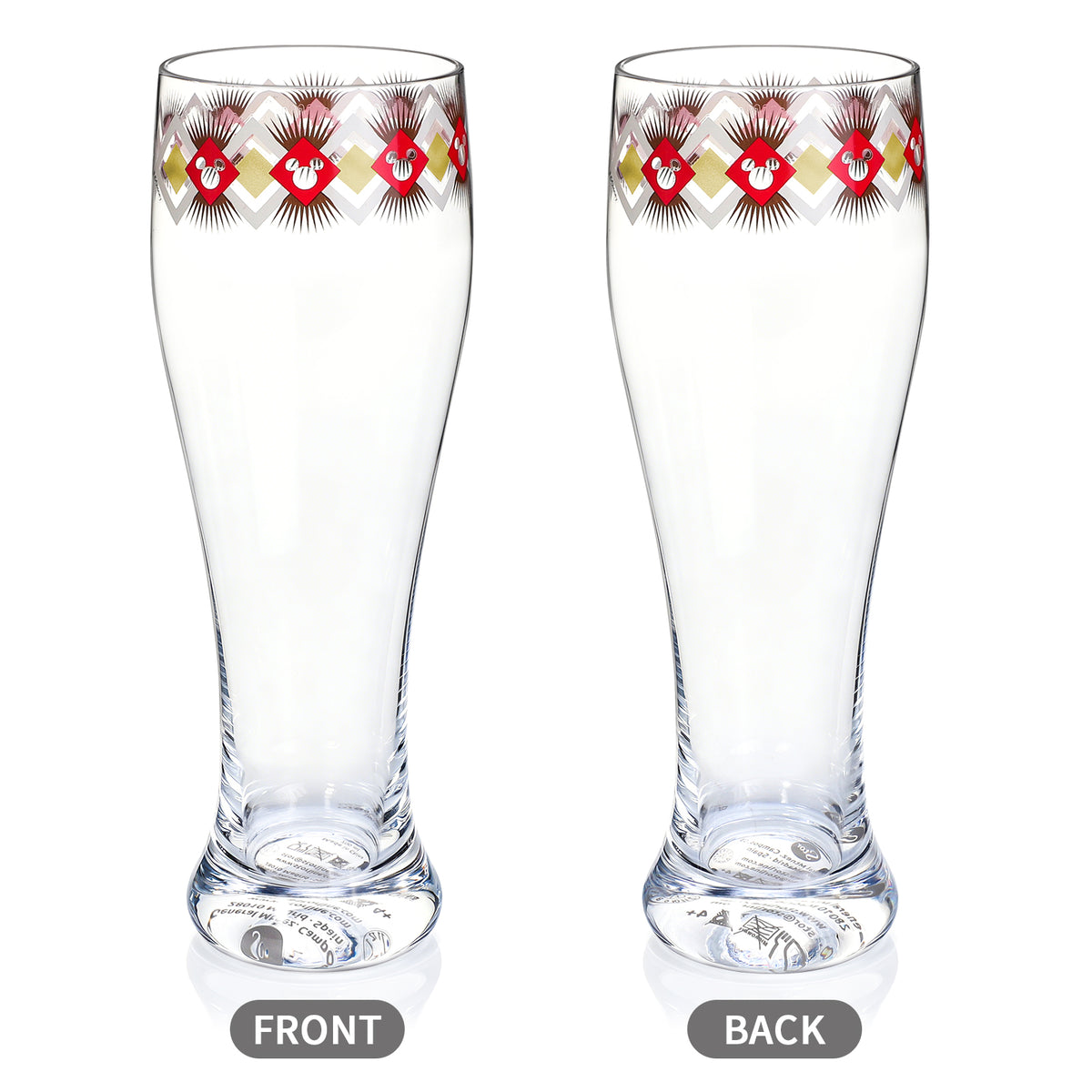 Disney Mickey Mouse 680ml Tall Beer Glass, 23oz Clear Pilsner Glass, Retro Geometric Diamond Design, Officially Licensed Glassware