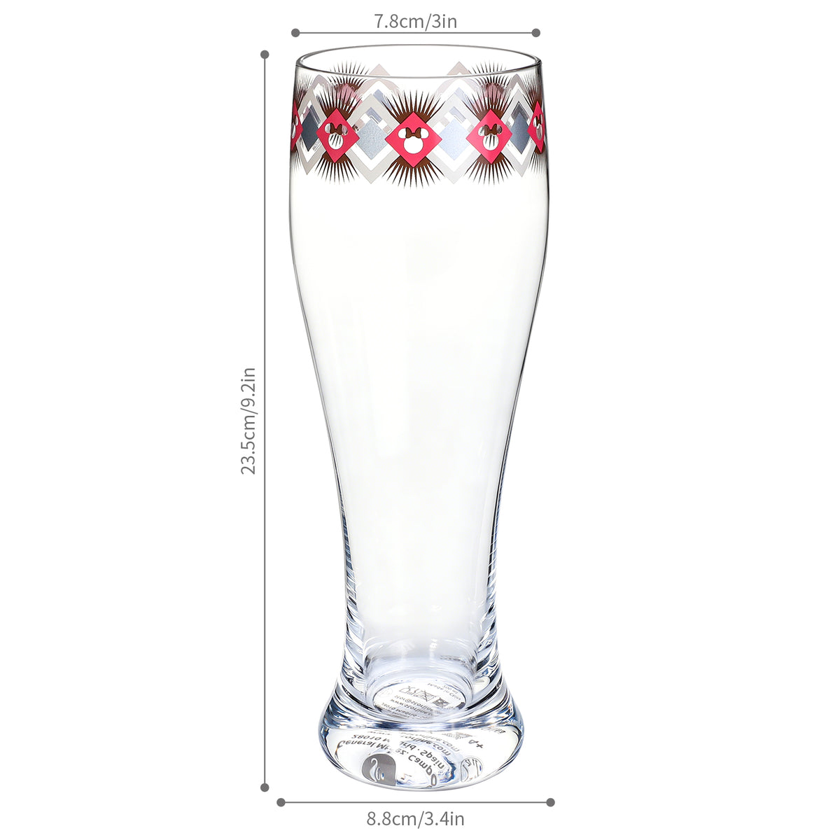 Disney Minnie Mouse 680ml Tall Beer Glass, 23oz Clear Pilsner Glass, Retro Geometric Diamond Design, Officially Licensed Glassware