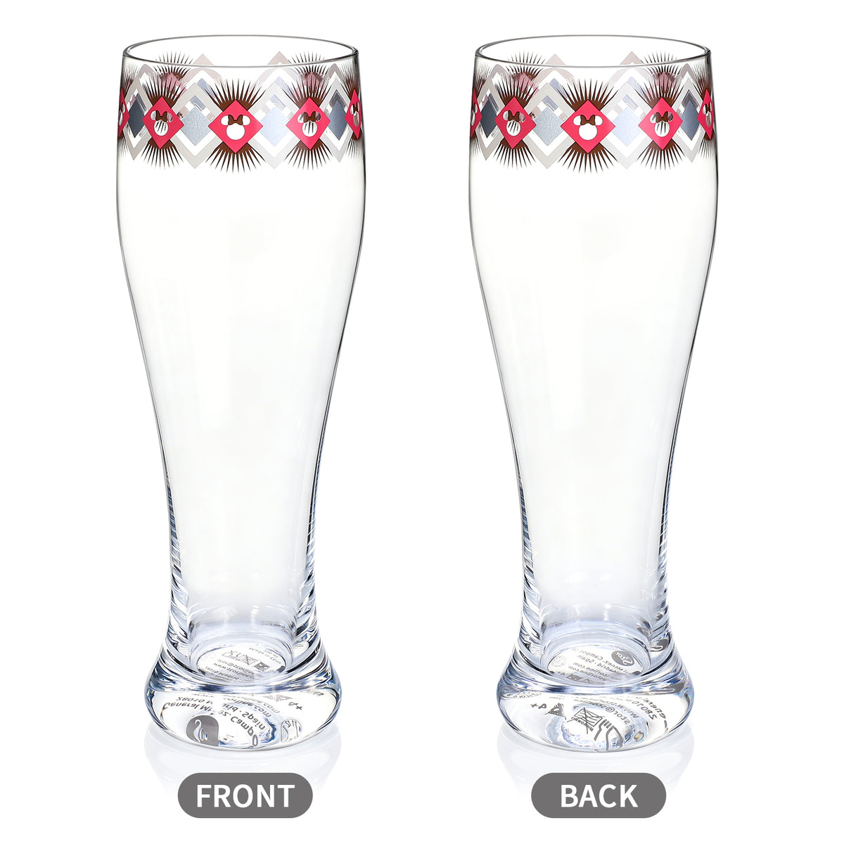 Disney Minnie Mouse 680ml Tall Beer Glass, 23oz Clear Pilsner Glass, Retro Geometric Diamond Design, Officially Licensed Glassware