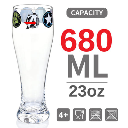 Marvel Avengers 680ml Tall Beer Glass, 23oz Clear Pilsner Glass with Iron Man, Hulk & Captain America Icons, Officially Licensed Glassware
