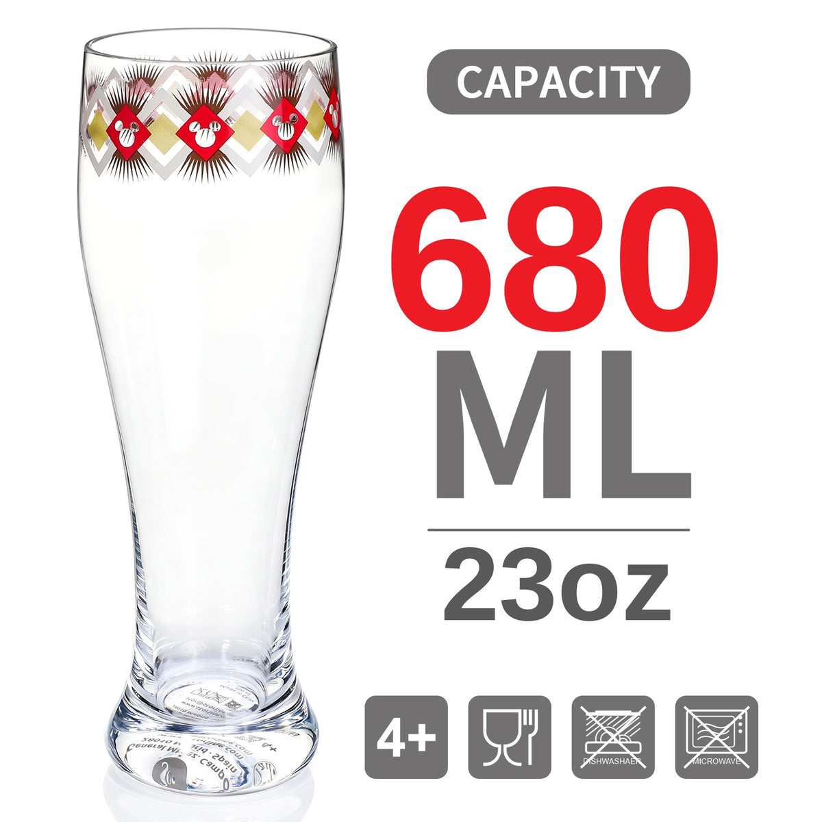 Disney Mickey Mouse 680ml Tall Beer Glass, 23oz Clear Pilsner Glass, Retro Geometric Diamond Design, Officially Licensed Glassware