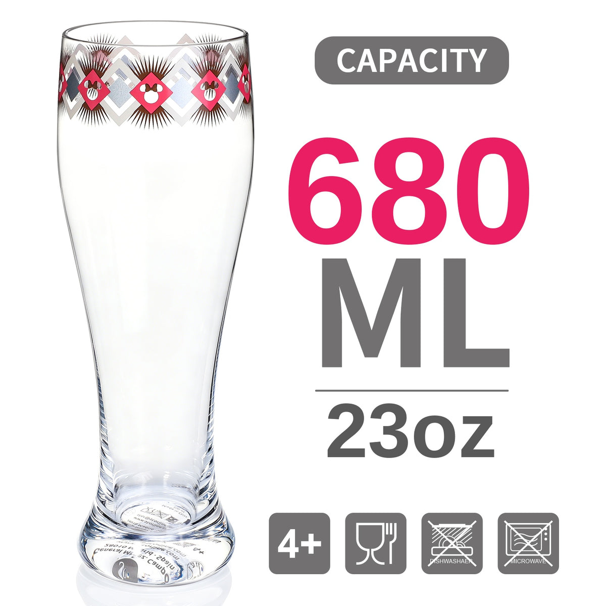 Disney Minnie Mouse 680ml Tall Beer Glass, 23oz Clear Pilsner Glass, Retro Geometric Diamond Design, Officially Licensed Glassware