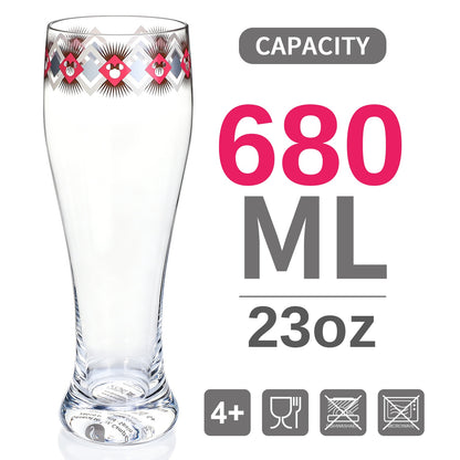 Disney Minnie Mouse 680ml Tall Beer Glass, 23oz Clear Pilsner Glass, Retro Geometric Diamond Design, Officially Licensed Glassware