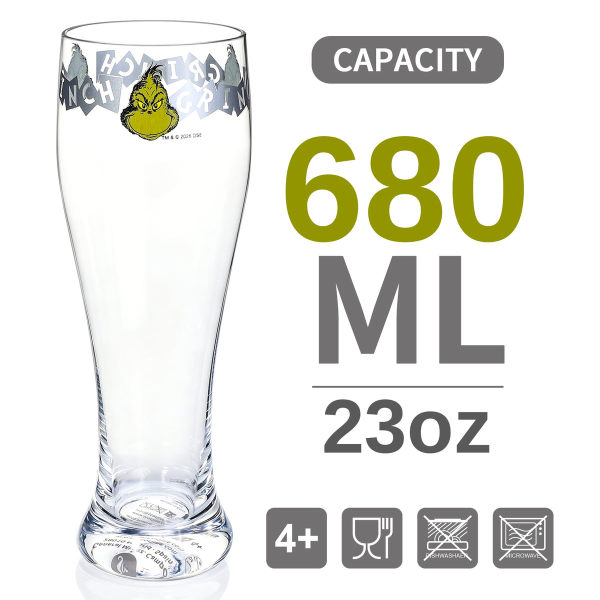 The Grinch 680ml Tall Beer Glass, 23oz Clear Pilsner Glass with Grinch Graphic Banner, Officially Licensed Christmas Glassware