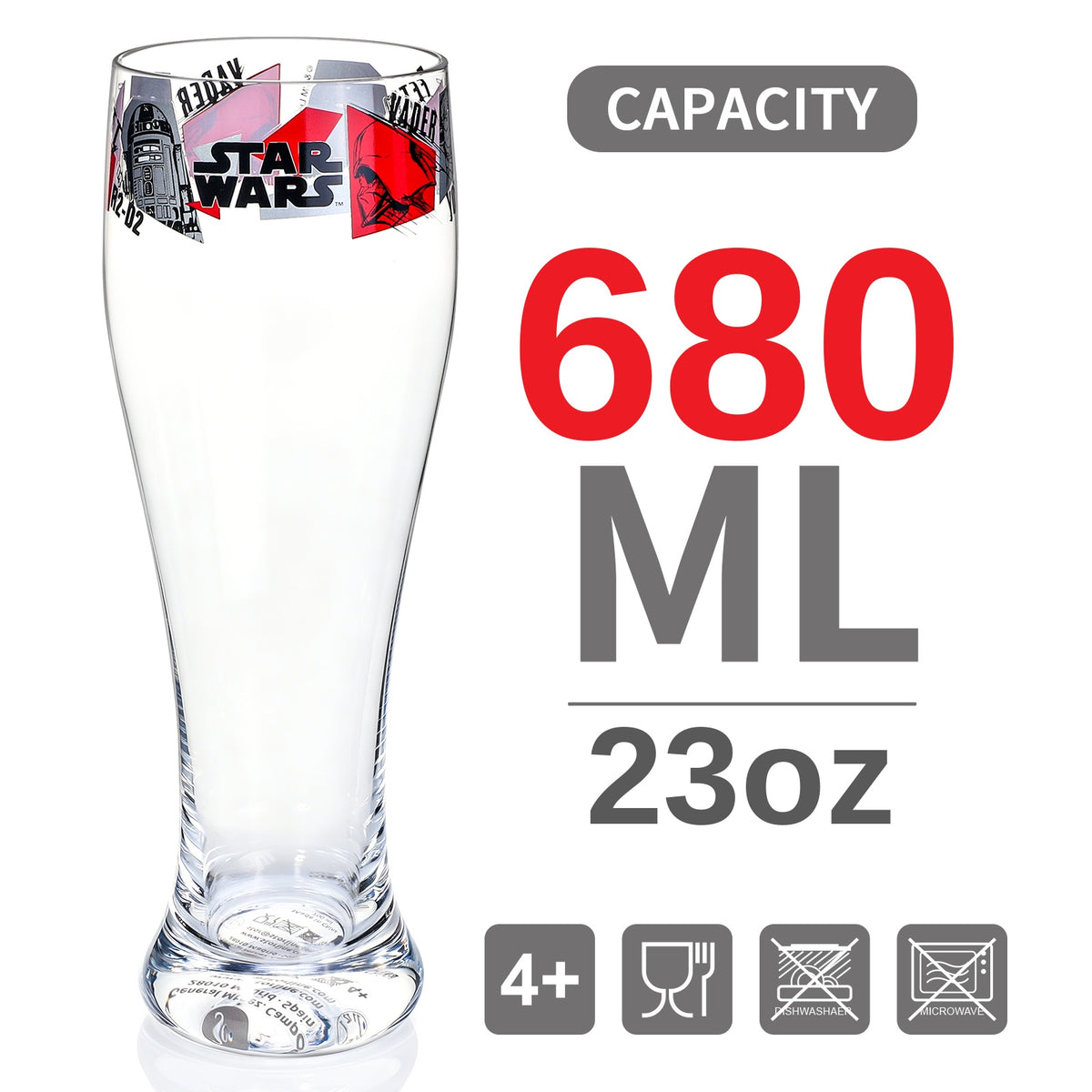 Star Wars 680ml Tall Beer Glass, 23oz Clear Pilsner Glass with Darth Vader, Boba Fett & R2-D2, Officially Licensed Glassware