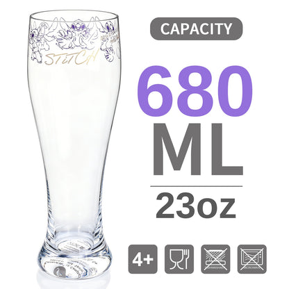 Disney Stitch 680ml Tall Beer Glass, 23oz Clear Pilsner Glass with Gold Foil Signature, Officially Licensed Glassware