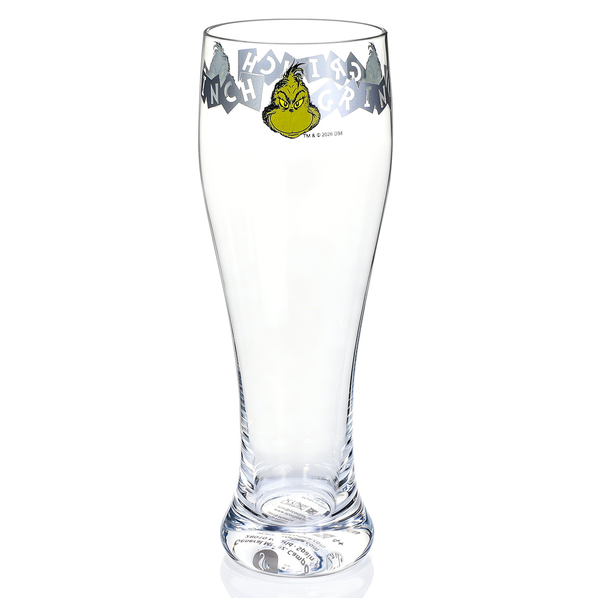 The Grinch 680ml Tall Beer Glass, 23oz Clear Pilsner Glass with Grinch Graphic Banner, Officially Licensed Christmas Glassware