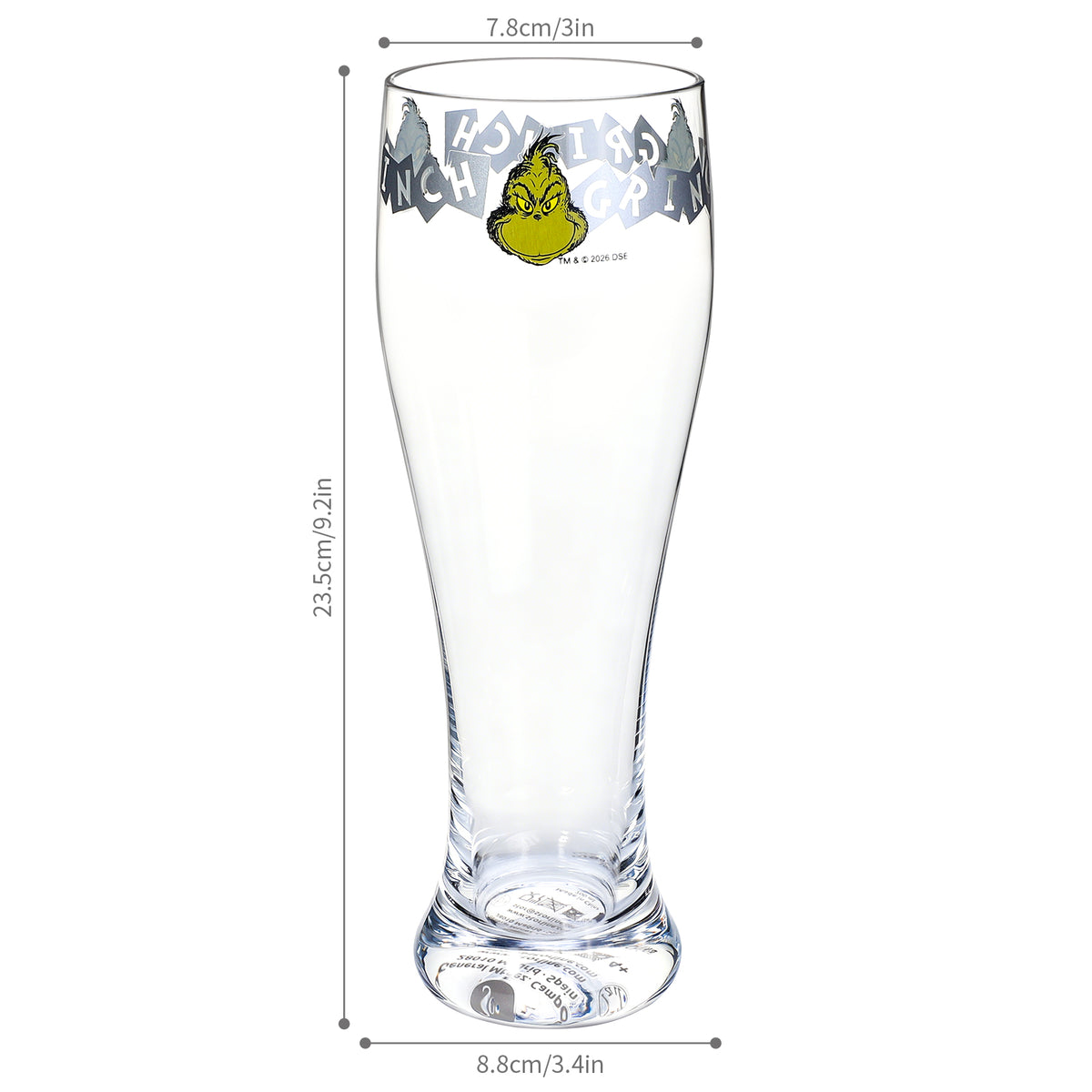 The Grinch 680ml Tall Beer Glass, 23oz Clear Pilsner Glass with Grinch Graphic Banner, Officially Licensed Christmas Glassware