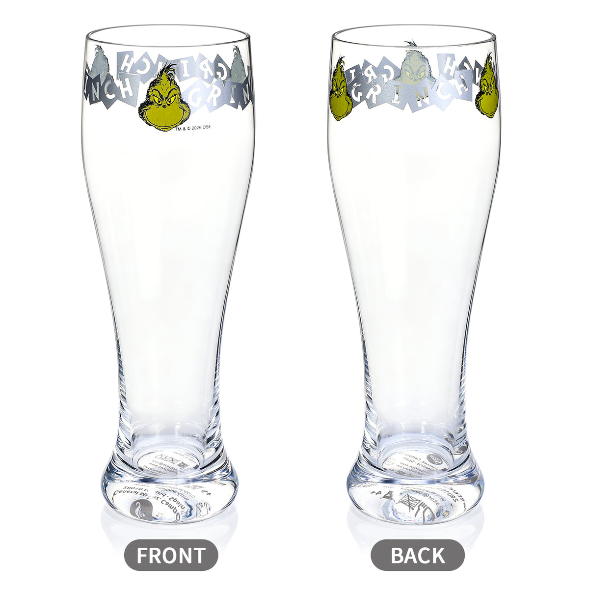 The Grinch 680ml Tall Beer Glass, 23oz Clear Pilsner Glass with Grinch Graphic Banner, Officially Licensed Christmas Glassware