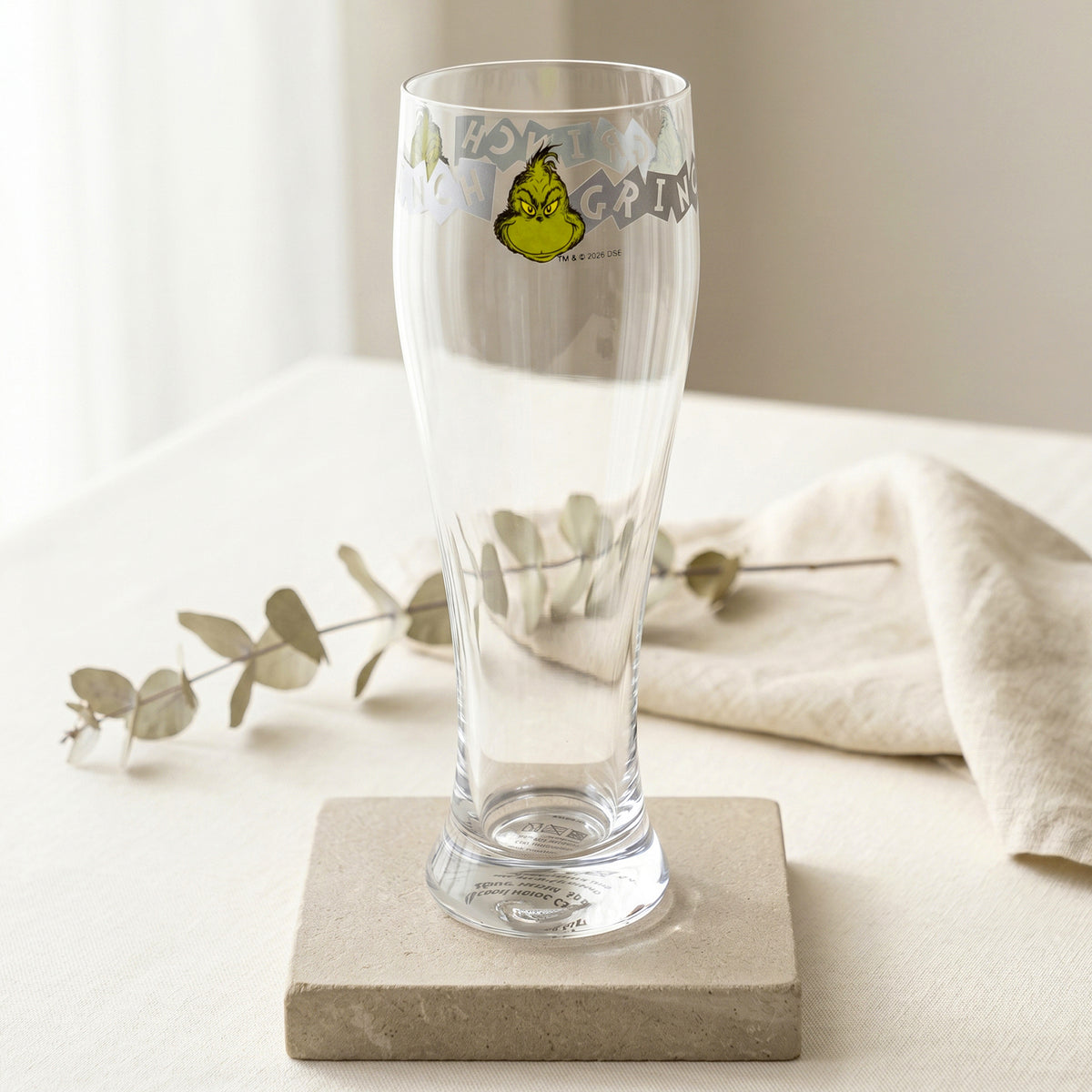 The Grinch 680ml Tall Beer Glass, 23oz Clear Pilsner Glass with Grinch Graphic Banner, Officially Licensed Christmas Glassware