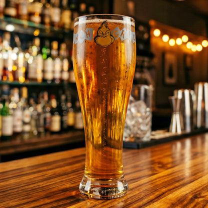 The Grinch 680ml Tall Beer Glass, 23oz Clear Pilsner Glass with Grinch Graphic Banner, Officially Licensed Christmas Glassware