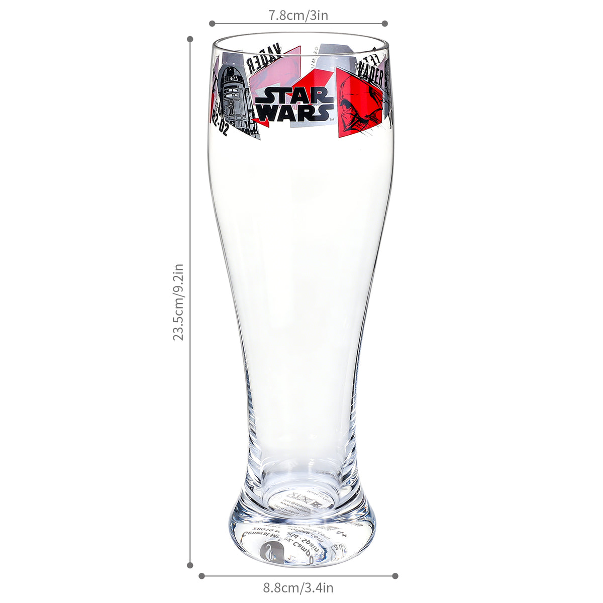 Star Wars 680ml Tall Beer Glass, 23oz Clear Pilsner Glass with Darth Vader, Boba Fett & R2-D2, Officially Licensed Glassware