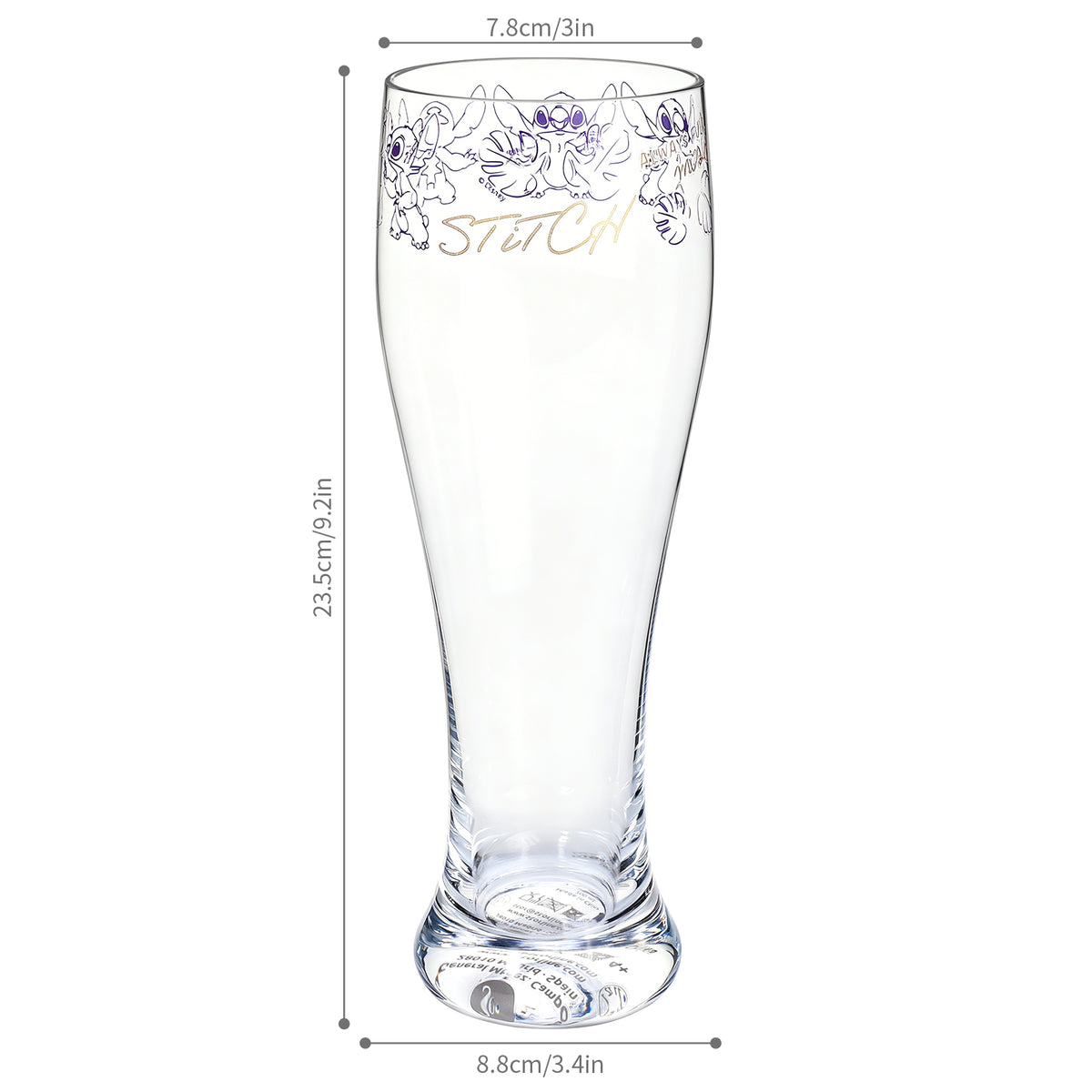 Disney Stitch 680ml Tall Beer Glass, 23oz Clear Pilsner Glass with Gold Foil Signature, Officially Licensed Glassware
