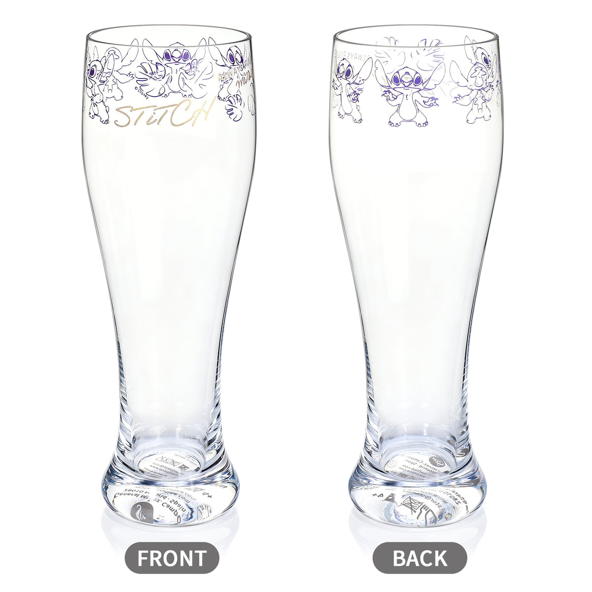 Disney Stitch 680ml Tall Beer Glass, 23oz Clear Pilsner Glass with Gold Foil Signature, Officially Licensed Glassware